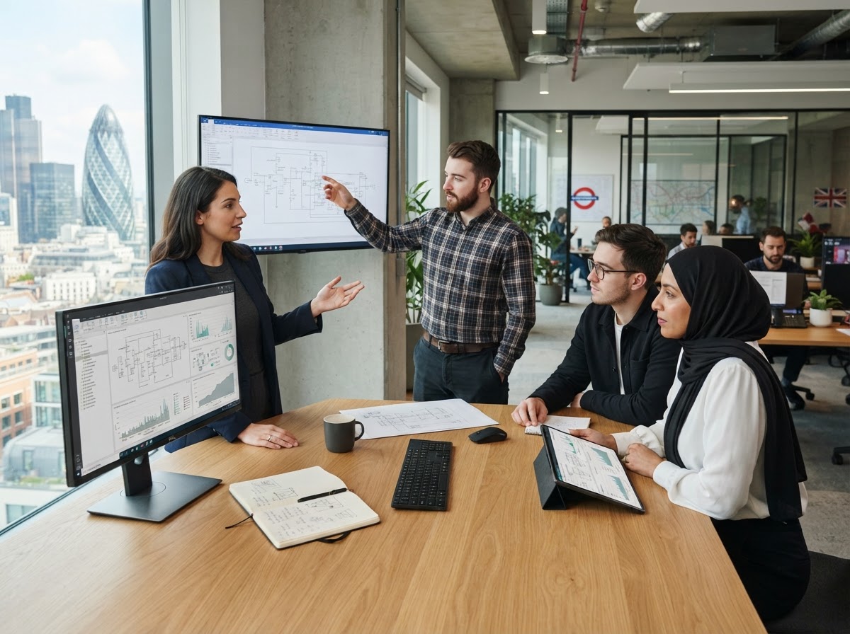 Futuristic Kapitex engineering team reviewing risk model output on screen